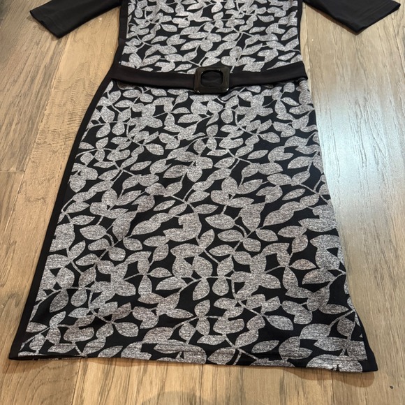 Joseph Ribkoff Black Gray Leaf Print Belted Sheath Dress Women Size 6 - Picture 2 of 14